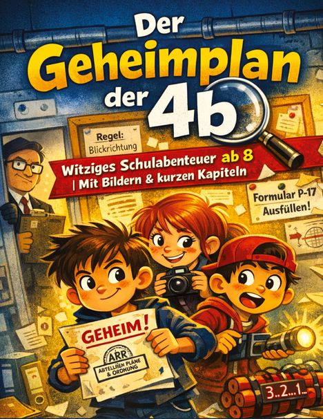 Titel: "Der Geheimplan der 4b". Ein Junge hält ein "GEHEIM!"-Dokument, ein Mädchen hat eine Kamera, ein Junge eine Taschenlampe.