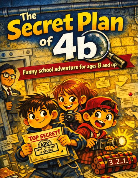 „The Secret Plan of 4b“, „Funny school adventure for ages 8 and up“. Drei Kinder mit Kamera und Taschenlampe, fröhlich.