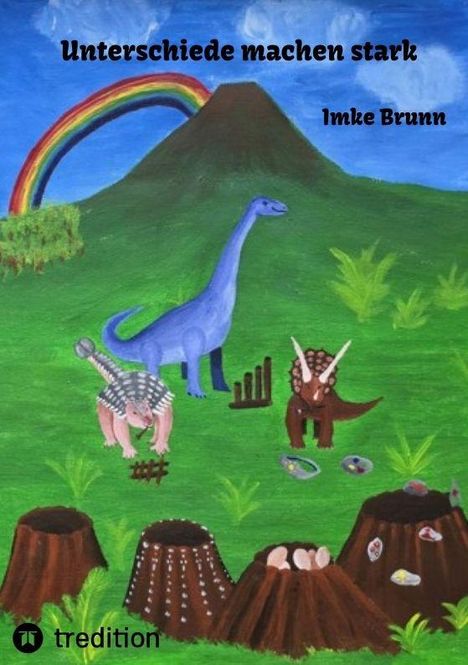 "Unterschiede machen stark" und "Imke Brunn" sind auf einer bunten Illustration mit Dinosauriern, Vulkan und Regenbogen zu sehen.