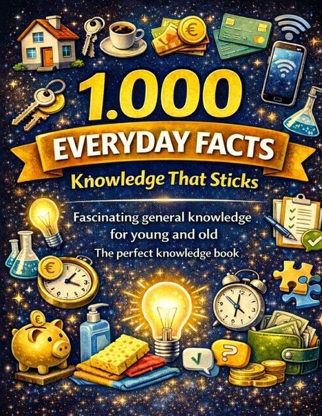 Text: "1,000 Everyday Facts. Knowledge That Sticks. Fascinating general knowledge for young and old. The perfect knowledge book." 

Illustrationen von Objekten wie einem Haus, Geld, einer Glühbirne und einer Uhr auf einem Sternenhintergrund.