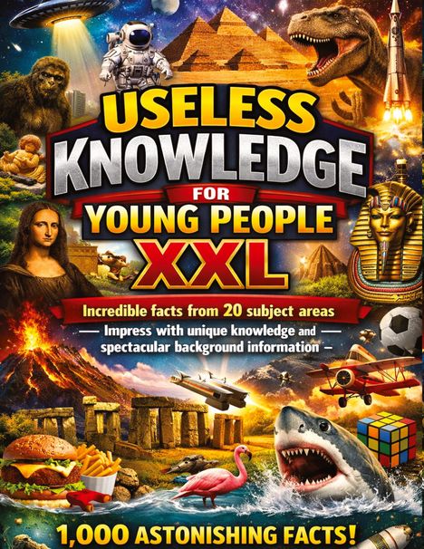 Text im Vordergrund: "Useless Knowledge for Young People XXL". 

Eine lebhafte Collage aus ikonischen Bildern wie Pyramiden, Dinosaurier, Mona Lisa, Astronaut, Sphinx, Vulkan, Ufo und mehr.