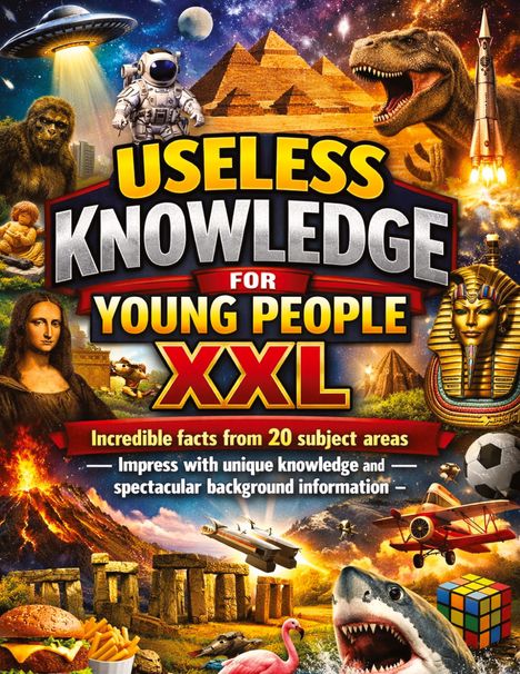 "USELESS KNOWLEDGE FOR YOUNG PEOPLE XXL" in großen Buchstaben; voller Illustrationen von Pyramiden, Dinosauriern und Raumschiffen.