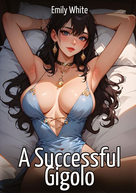 Text: "Emily White, A Successful Gigolo". Illustration: Frau in blauem Kleid, auf einem Bett liegend, eleganten Schmuck tragend.