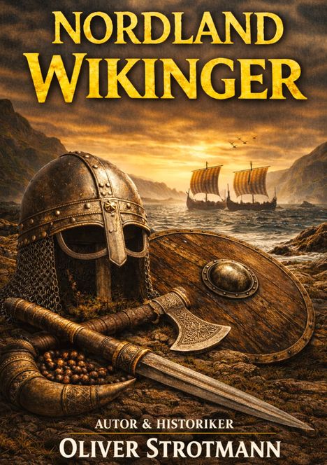 Der Text sagt "Nordland Wikinger", Autor: Oliver Strotmann. Vordergrund: Helm, Axt, Schild. Hintergrund: Wikinger-Schiffe.