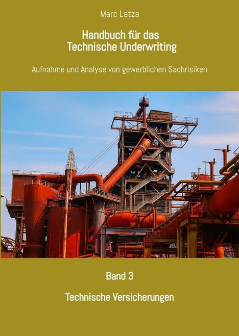 Text auf gelbem Hintergrund, darunter ein Bild einer Industrieanlage mit roten Rohren und Stahlkonstruktionen.