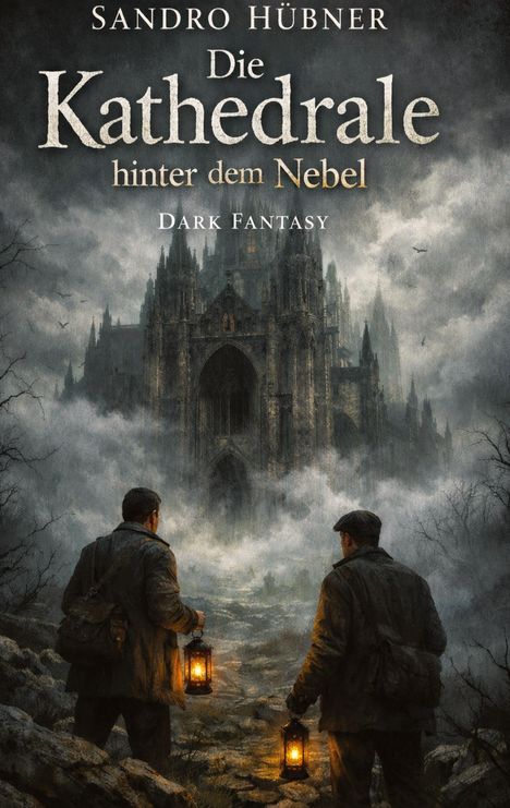Zwei Männer mit Laternen stehen vor einer großen Kathedrale im Nebel. Die Atmosphäre wirkt mystisch und düster.