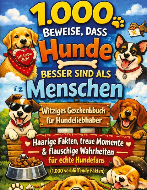"1.000 Beweise, dass Hunde besser sind als Menschen. Witziges Geschenkbuch für Hundeliebhaber." Illustration fröhlicher Hunde.