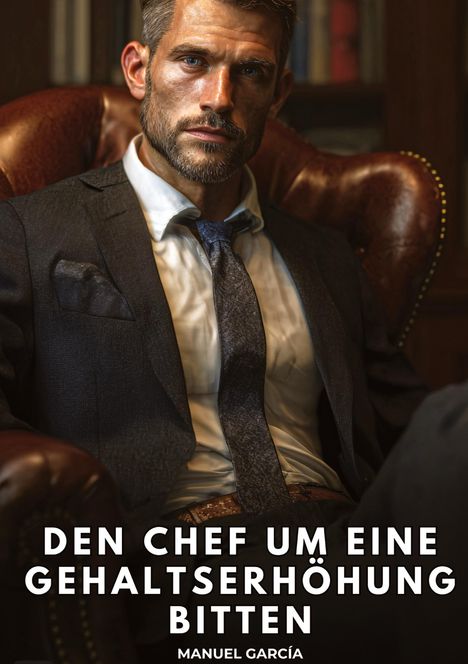 „DEN CHEF UM EINE GEHALTSERHÖHUNG BITTEN“ steht unten. Ein Mann im Anzug sitzt ernst und entschlossen in einem Ledersessel.