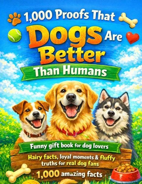 1,000 Proofs That Dogs Are Better Than Humans. Illustration: Drei fröhliche Hunde vor blauem Himmel.