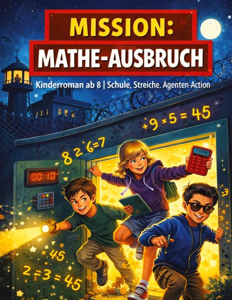 "MISSION: MATHE-AUSBRUCH", "Kinderroman ab 8 | Schule, Streiche, Agenten-Action". Drei Kinder brechen aus mit Taschenrechner.