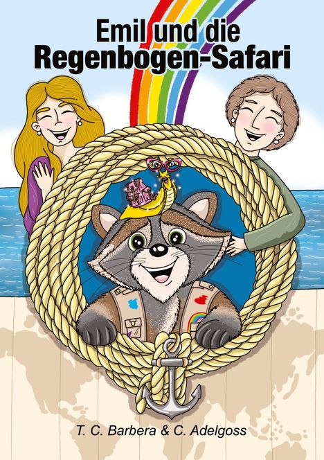 "Emil und die Regenbogen-Safari". Illustration: Waschbär im Seilrahmen, Regenbogen, zwei fröhliche Menschen oben.