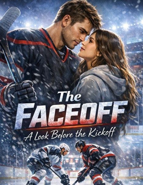 "The Faceoff: A Look Before the Kickoff." Ein Eishockeyspieler und eine Frau stehen einander nah auf einem beleuchteten Eisfeld.