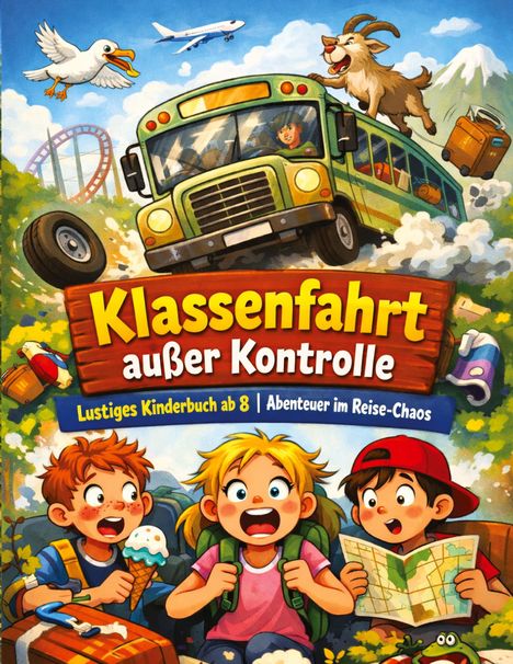 "Klassenfahrt außer Kontrolle". Illustration eines turbulenten Abenteuers mit Bus, Ziege und Kindern in Aufregung.
