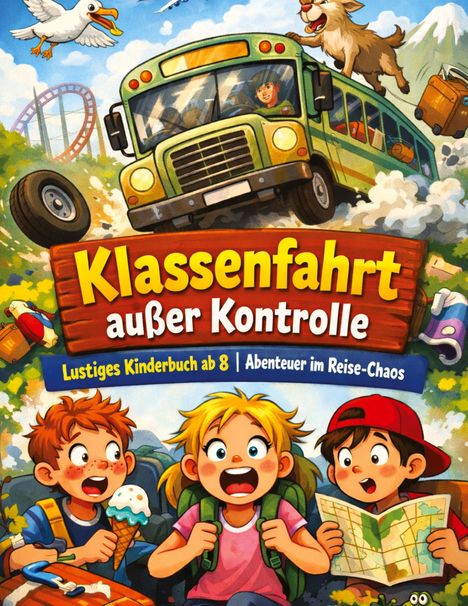 "Klassenfahrt außer Kontrolle. Lustiges Kinderbuch ab 8. Abenteuer im Reise-Chaos." Illustration mit Schulbus, Tieren, Kindern.