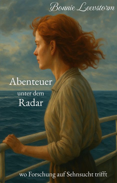 „Bonnie Leevstorm. Abenteuer unter dem Radar, wo Forschung auf Sehnsucht trifft." Gemälde einer Frau auf einem Schiff.