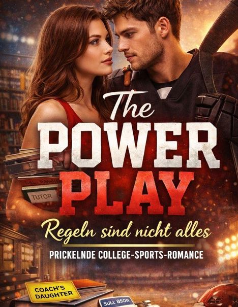 "The Power Play. Regeln sind nicht alles. Prickelnde College-Sports-Romance." Mann und Frau nah in sportlicher Atmosphäre.