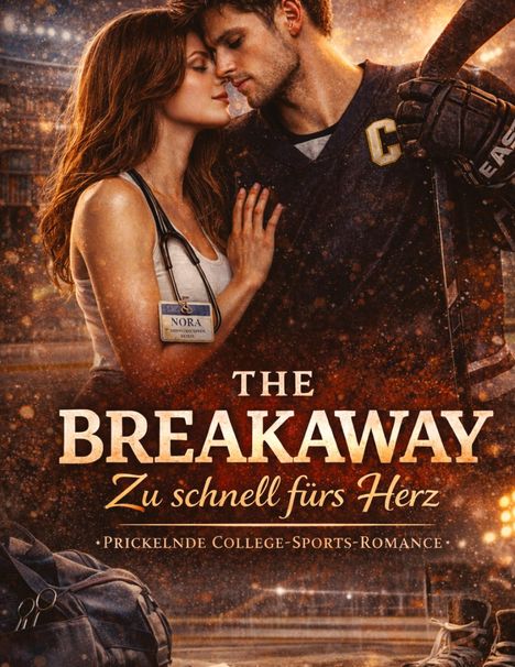 "The Breakaway: Zu schnell fürs Herz. Prickelnde College-Sports-Romance." Frau mit Namensschild "Nora" umarmt Hockeyspieler.