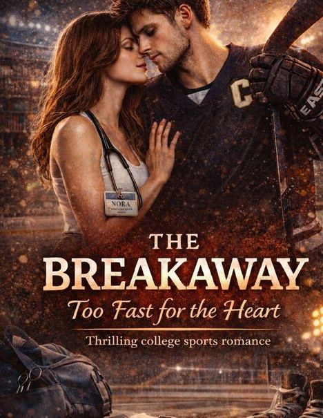 "THE BREAKAWAY", "Too Fast for the Heart", "Thrilling college sports romance". Illustration: Paar in inniger Pose, Sportthema.