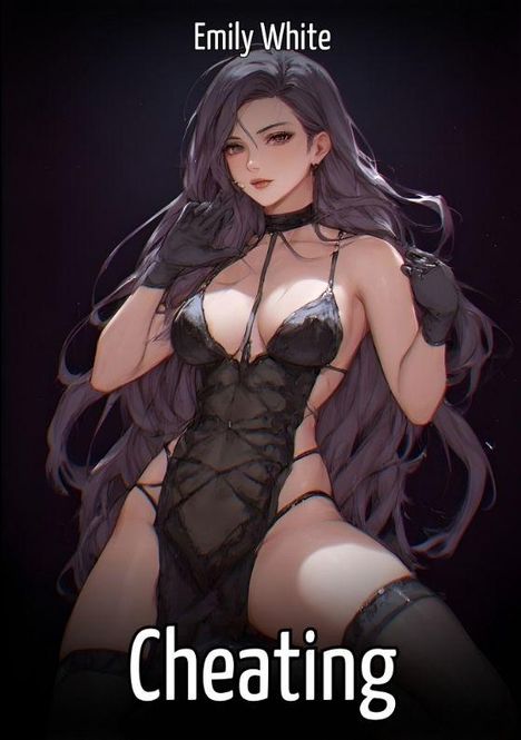 Text oben: "Emily White". Text unten: "Cheating". Illustration einer Frau in schwarzer Spitzenkleidung.