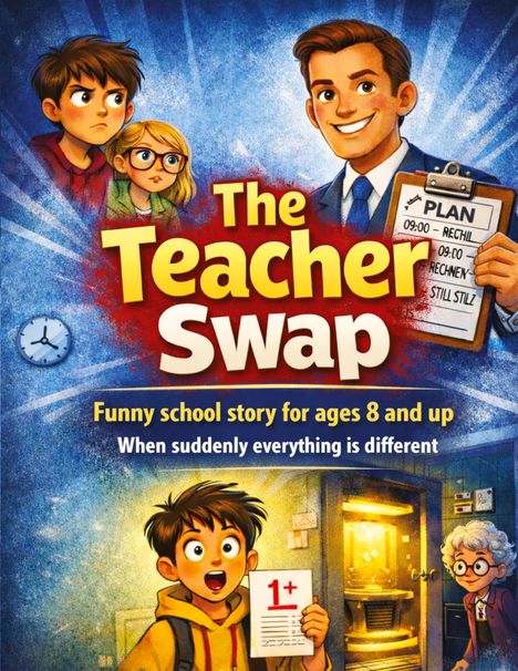 "The Teacher Swap" in gelben Buchstaben. Ein fröhlicher Lehrer mit Klemmbrett, zwei Kinder, ein Junge mit Eins-plus-Blatt.