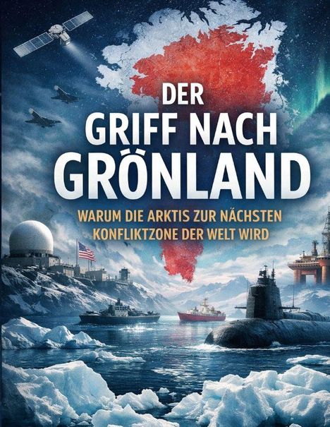 Oben steht: "Der Griff nach Grönland". Darunter: "Warum die Arktis zur nächsten Konfliktzone der Welt wird". Eine rote Karte von Grönland ist zentral. Unten sieht man Eisberge, Schiffe und ein U-Boot. Links sind Radaranlagen mit einer US-Flagge, oben links ein Satellit und zwei Jets.