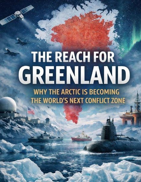 Schrift „The Reach for Greenland“. Eislandschaft mit U-Boot, Schiffen, Bohrtürmen, Flugzeugen und Satelliten.