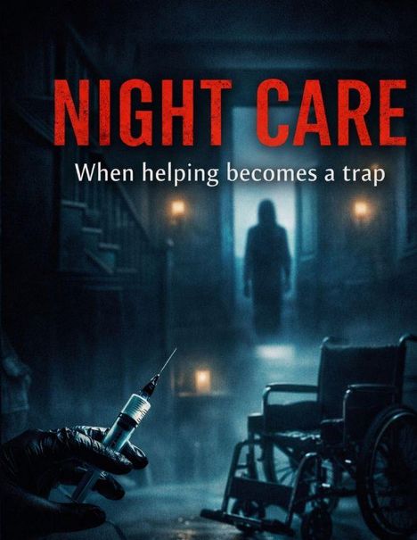 „NIGHT CARE. When helping becomes a trap.“ Eine dunkle Szene mit Rollstuhl, Spritze und schwacher Gestalt im Hintergrund.