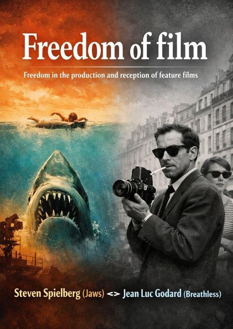 "Freedom of film. Freedom in the production and reception of feature films" steht über einem Hai und einem Mann mit Kamera.