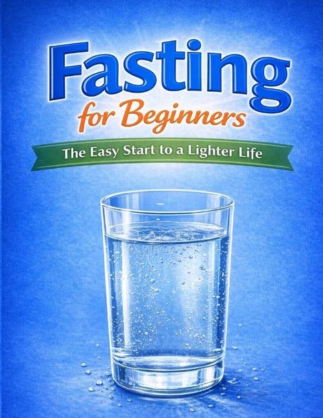 "Fasting for Beginners. The Easy Start to a Lighter Life." Ein Glas Wasser auf blauem Hintergrund.