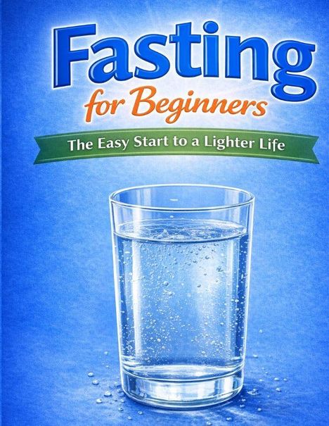 “Fasting for Beginners”, “The Easy Start to a Lighter Life”. Ein Glas Wasser auf blauem Hintergrund.
