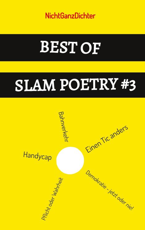 NichtGanzDichter. BEST OF SLAM POETRY #3. Themen wie "Bahnverkehr", "Handycap", "Pflicht oder Wahrheit" als Strahlen um Kreis.