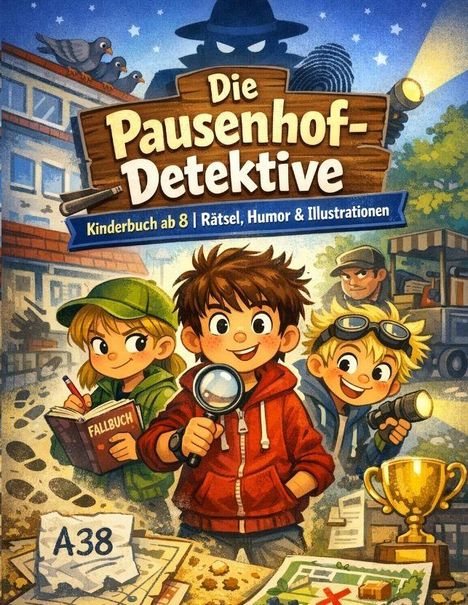 Text: "Die Pausenhof-Detektive, Kinderbuch ab 8, Rätsel, Humor & Illustrationen, Fallbuch, A38." Drei Kinder und ein geheimnisvoller Schatten.