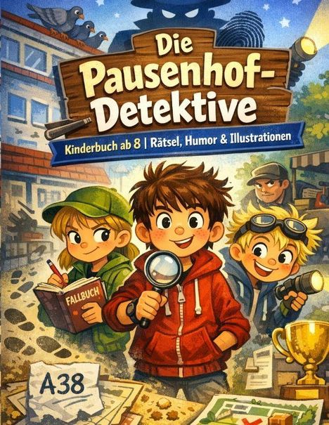 "Die Pausenhof-Detektive", "Kinderbuch ab 8", "Rätsel, Humor & Illustrationen". Illustration von Kindern mit Detektivzubehör.