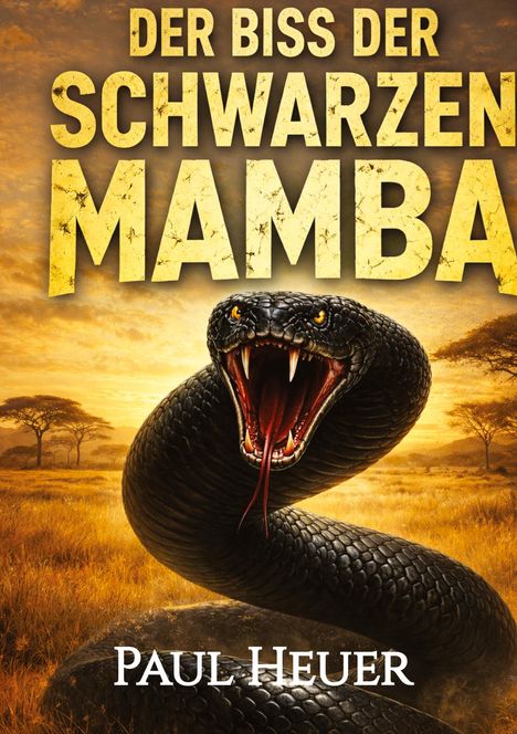 „DER BISS DER SCHWARZEN MAMBA“ steht oben, „PAUL HEUER“ unten. Eine aggressive schwarze Mamba in einer Savanne.