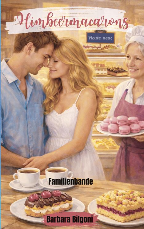 Titel: "Himbeermacarons". Schilderung: Ein Paar lächelt, während eine Frau Macarons serviert. Text: "Familienbande", "Barbara Bilgoni".