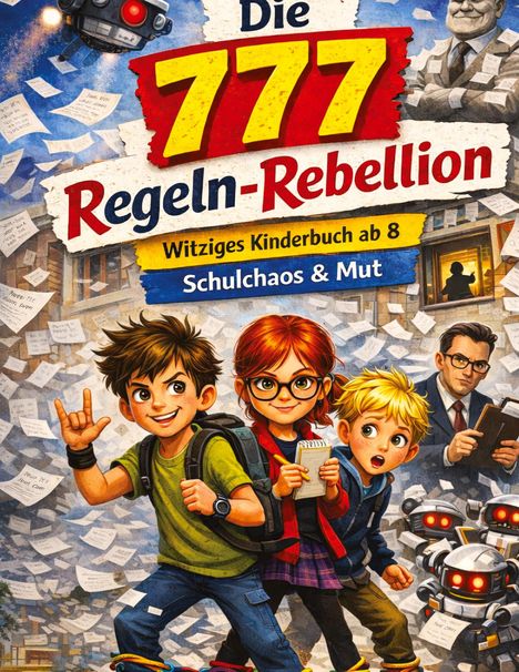 "Die 777 Regeln-Rebellion" – Kinderbuch für ab 8 Jahre. Fröhliche Kinder mit Robotern und Papiern in lebhaften Farben.
