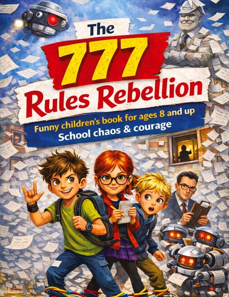 Text: "The 777 Rules Rebellion. Funny children's book for ages 8 and up. School chaos & courage." Kinder und Roboter im Vordergrund, ein Mann in Anzug und Notizzettel allgegenwärtig.