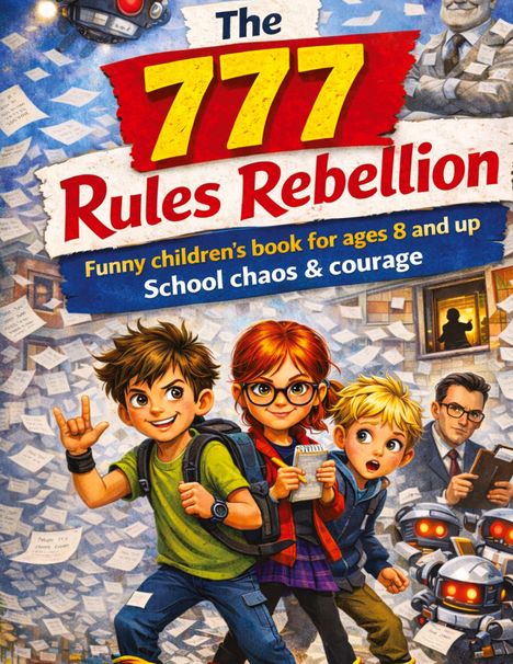 "The 777 Rules Rebellion" in großer gelber Schrift, darunter Kinder und Roboter, umgeben von Papierblättern.