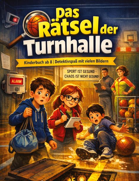 "Das Rätsel der Turnhalle" oben, darunter Kinderbuch ab 8. Illustration: Drei Kinder und zwei Erwachsene in einer Turnhalle.