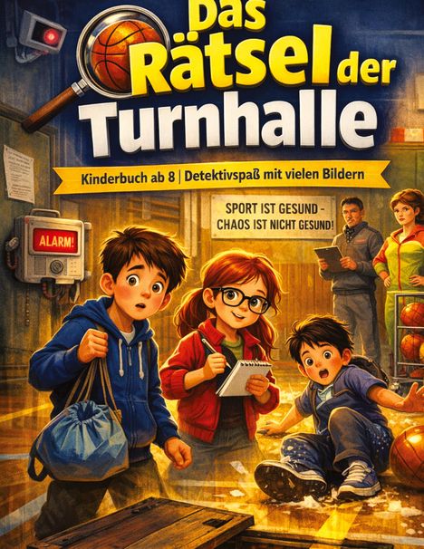 Titel: "Das Rätsel der Turnhalle". Untertitel: "Kinderbuch ab 8 | Detektivspaß mit vielen Bildern". Slogan: "Sport ist gesund - Chaos ist nicht gesund!". Drei Kinder stehen in einer Turnhalle, ein Junge hält eine Sporttasche, ein Mädchen mit Brille schreibt in ein Notizbuch, ein kleinerer Junge sitzt erschrocken am Boden.