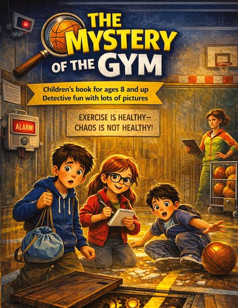 "The Mystery of the Gym" - Kinderbuch ab 8 Jahren. "Exercise is healthy—chaos is not healthy!" Illustration von Kindern in einer Turnhalle.