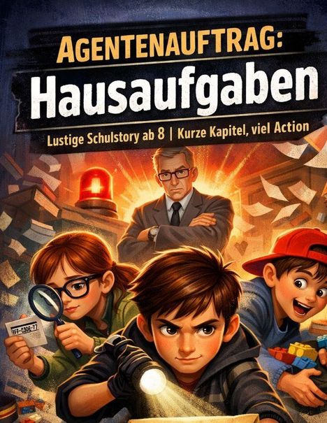 „Agentenauftrag: Hausaufgaben“, „Lustige Schulstory ab 8“, „Kurze Kapitel, viel Action“. Illustration: Kinder mit Lupe, Taschenlampe.