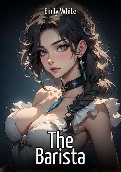 Text: "Emily White" und "The Barista". 
Illustration einer jungen Frau mit dunklem, geflochtenem Haar und eleganter Kleidung.