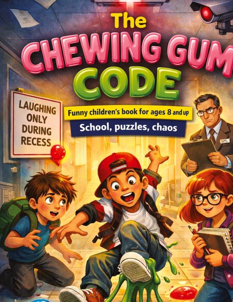 "The Chewing Gum Code. Funny children's book for ages 8 and up. School, puzzles, chaos." Drei Kinder erleben Abenteuer.