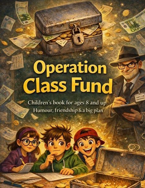„Operation Class Fund“, Kinderbuch ab 8, Humor, Freundschaft. Illustration: Drei Kinder und eine offene Geldkassette.