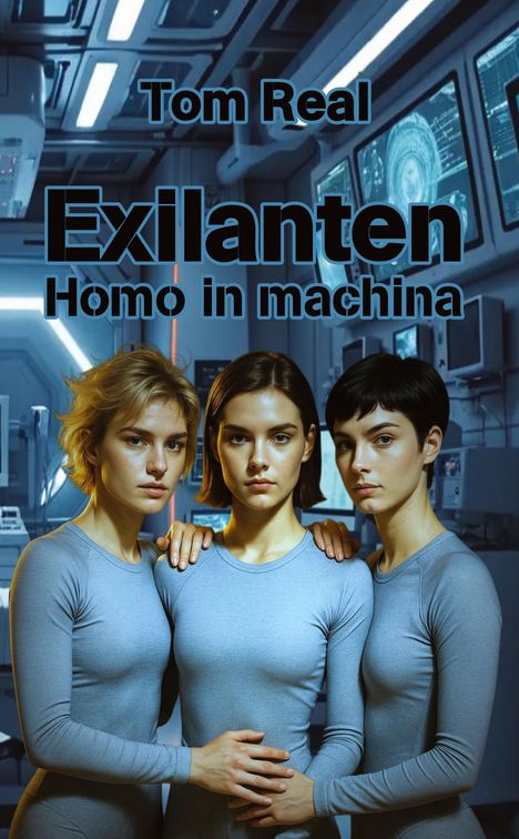 "Tom Real Exilanten Homo in machina". Drei Frauen in grauen Anzügen stehen in einem futuristischen Raum.