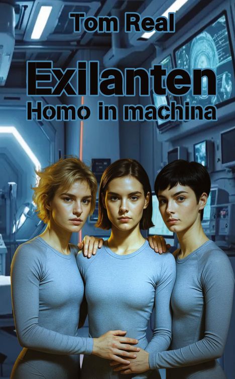 Text: "Tom Real" "Exilanten" "Homo in machina". Drei Frauen in grauen Anzügen in einem futuristischen Raum.
