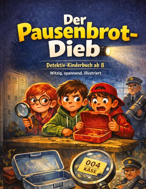 Titel: Der Pausenbrot-Dieb. Untertitel: Detektiv-Kinderbuch ab 8. Drei Kinder, einer mit Lupe, schauen in leere Brotdosen.