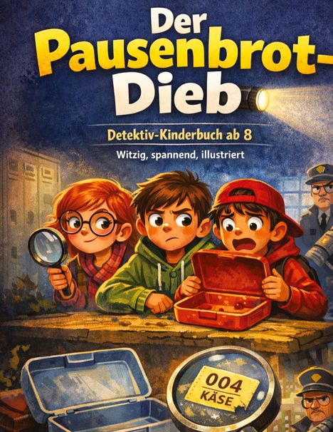 Ein bunter Buchumschlag zeigt drei Kinder mit Brotdosen. Titel: "Der Pausenbrot-Dieb", darunter "Detektiv-Kinderbuch ab 8".