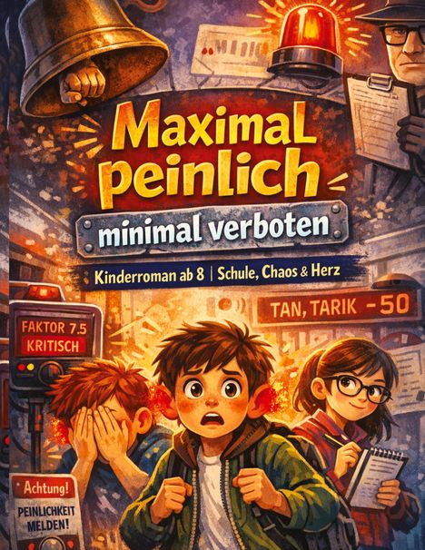 „Maximal peinlich, minimal verboten“, Kinderroman ab 8. Illustration von Kindern in einem chaotischen, aufregenden Umfeld.